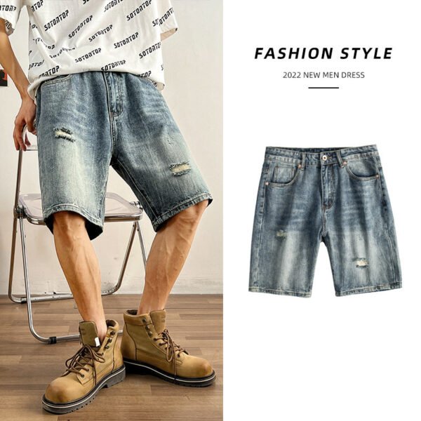 Five-point Denim Shorts Men's Loose Hole Slim Fit - Image 7