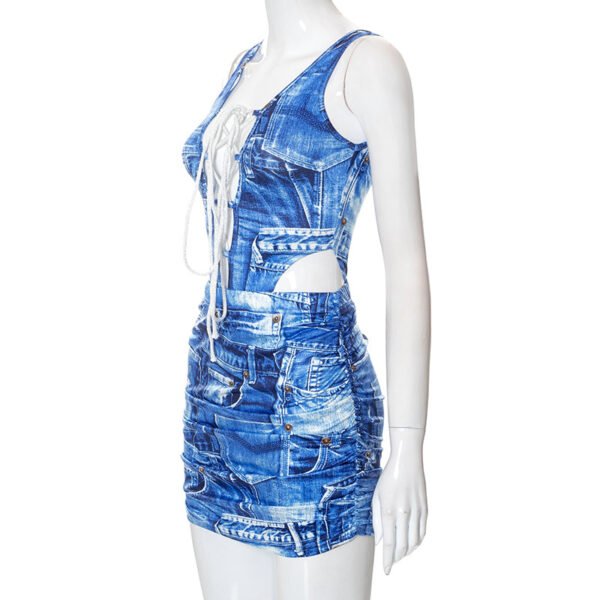 Fashion Women's Wear Autumn Denim Printed Lace Up Dress - Image 7