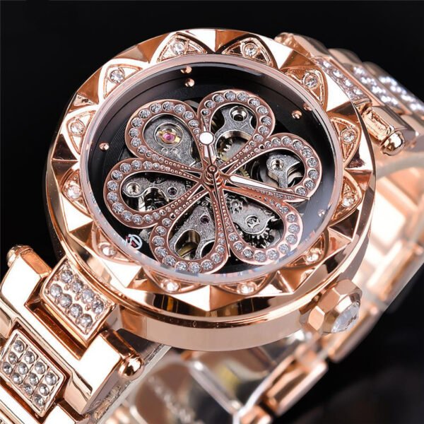 Forsining Mechanical Automatic Ladies Watches Top Brand Luxury Rhinestone Female Wrist Watches Rose Gold Stainless Steel Clock - Image 6