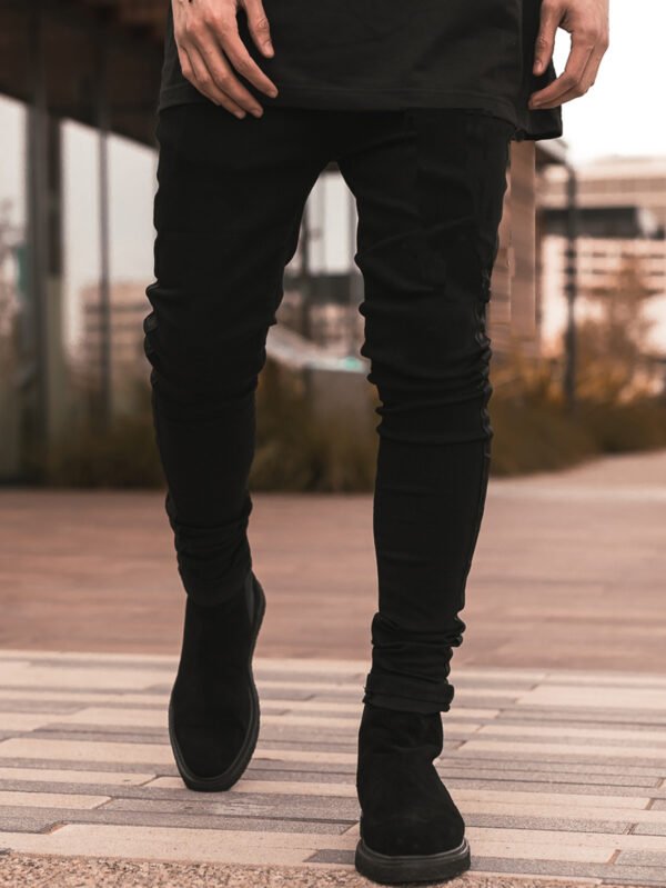 Men's Ripped Black Slim-fit High Waist Denim Trousers - Image 3