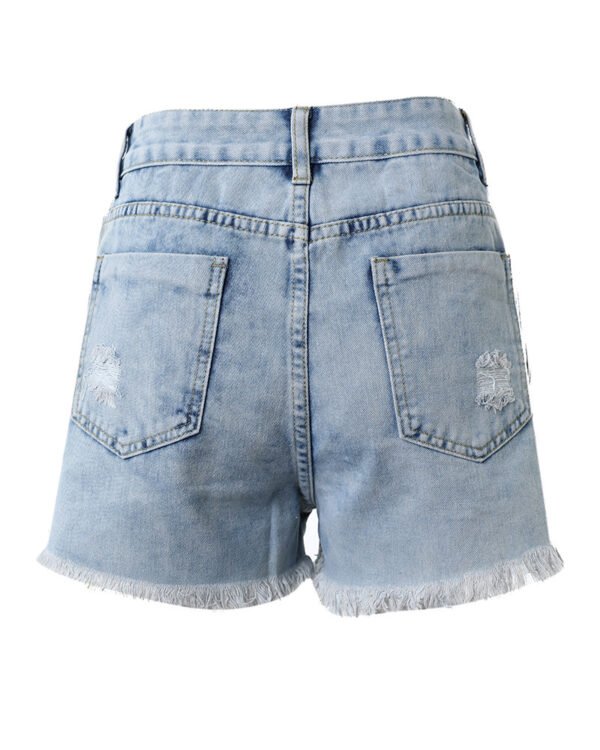 Light Blue Side Zipper Decorations Ripped High Waist Denim Shorts - Image 5