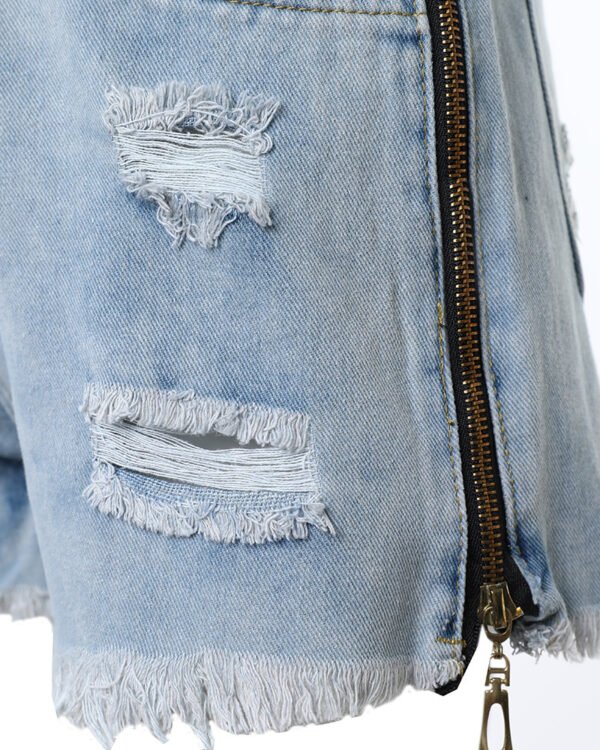 Light Blue Side Zipper Decorations Ripped High Waist Denim Shorts - Image 8