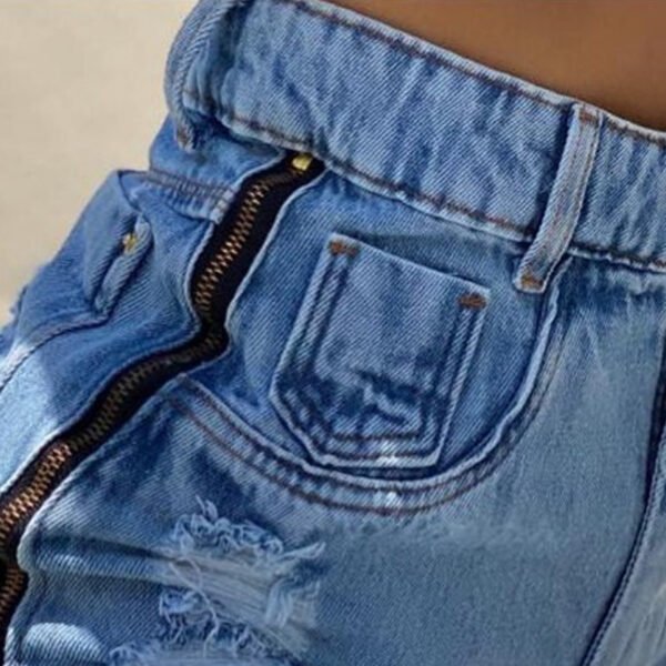 Light Blue Side Zipper Decorations Ripped High Waist Denim Shorts - Image 9