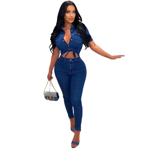 Slim Fit Fashion Short Sleeve Denim Jumpsuit - Image 7