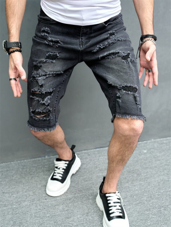 New Men's Five-point Slim Fit Skinny Scrape Denim Shorts - Image 7