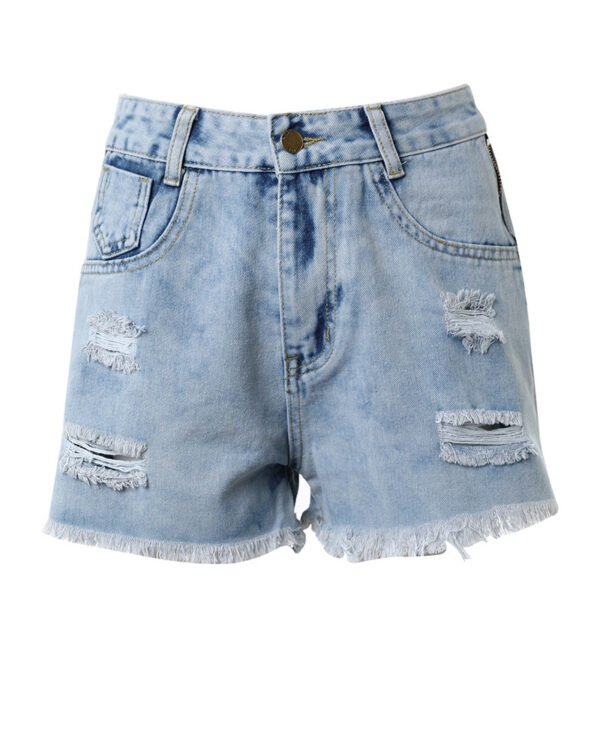 Light Blue Side Zipper Decorations Ripped High Waist Denim Shorts - Image 6