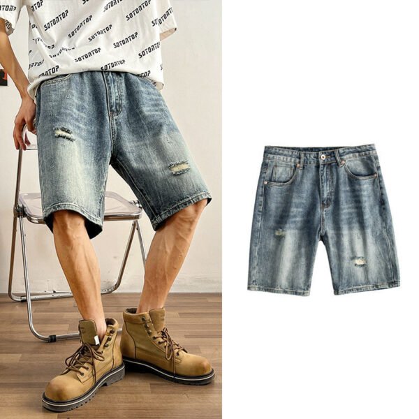 Five-point Denim Shorts Men's Loose Hole Slim Fit - Image 3