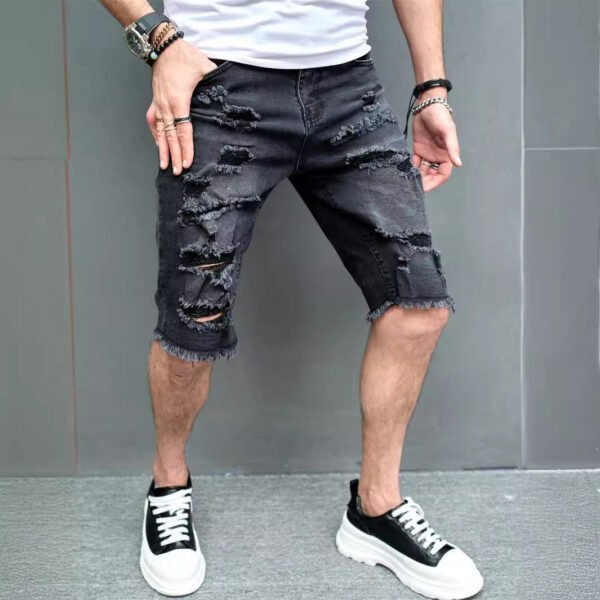 New Men's Five-point Slim Fit Skinny Scrape Denim Shorts - Image 2