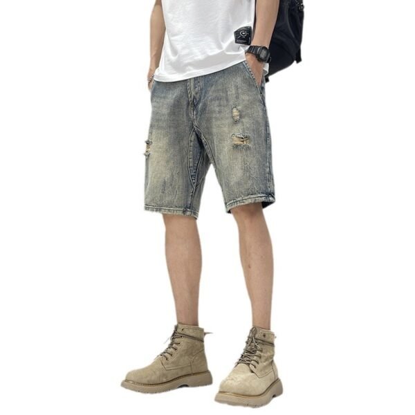 Five-point Denim Shorts Men's Loose Hole Slim Fit - Image 5