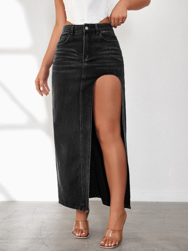 High Slit Denim Skirt Women's Washed Solid Color Midi Skirt - Image 7