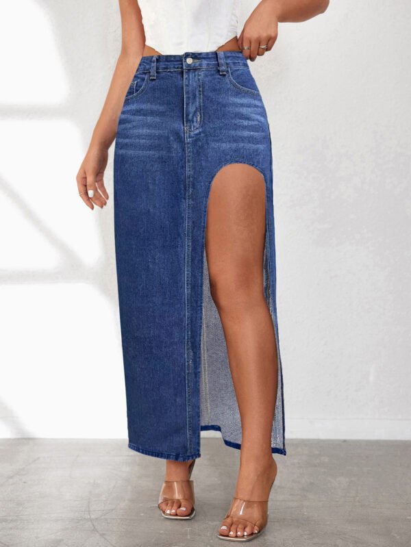 High Slit Denim Skirt Women's Washed Solid Color Midi Skirt - Image 5