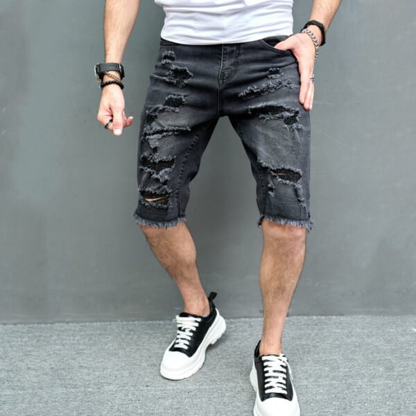 New Men's Five-point Slim Fit Skinny Scrape Denim Shorts - Image 4