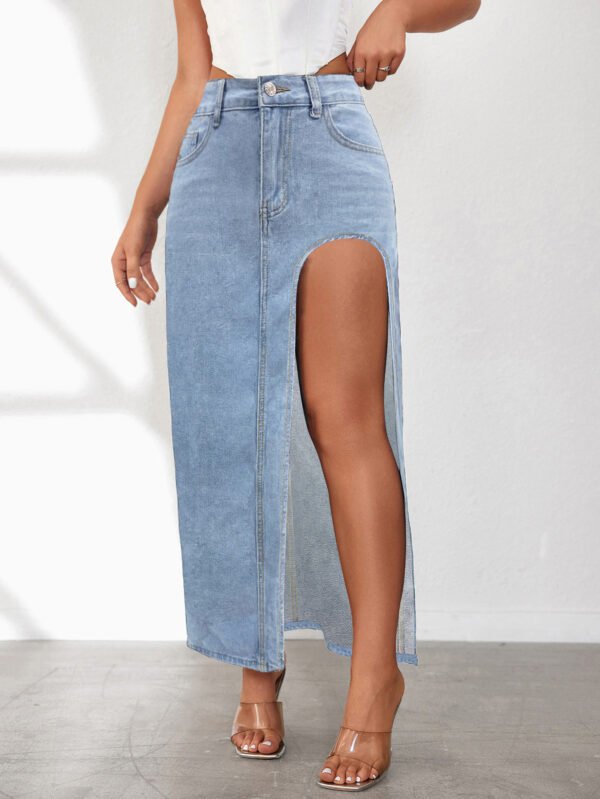 High Slit Denim Skirt Women's Washed Solid Color Midi Skirt - Image 4