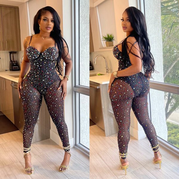 Women's Pure Color Mesh Rhinestone Pants Jumpsuit - Image 2