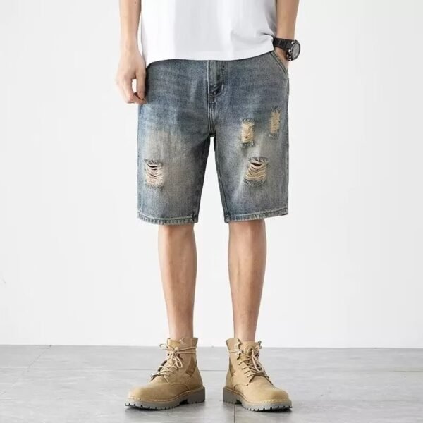 Five-point Denim Shorts Men's Loose Hole Slim Fit - Image 2