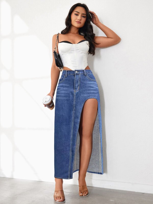 High Slit Denim Skirt Women's Washed Solid Color Midi Skirt - Image 8