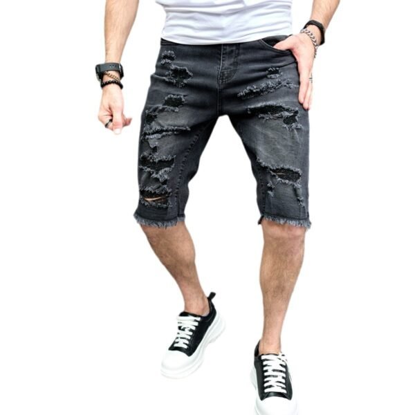 New Men's Five-point Slim Fit Skinny Scrape Denim Shorts - Image 6