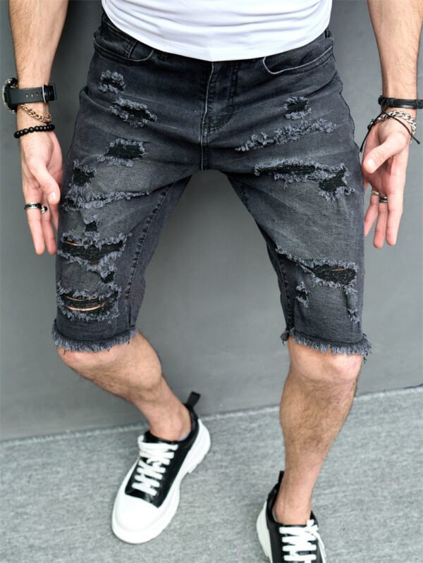 New Men's Five-point Slim Fit Skinny Scrape Denim Shorts - Image 8